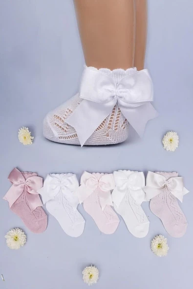 3'lü Kız Bebek Kurdele Fiyonk Detaylı Bej Gül Kurusu Beyaz Soket Çorap - Resim 4