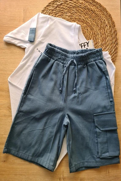 2'li Erkek Çocuk Beyaz Tişört Mavi Şortlu Takım - Resim 3