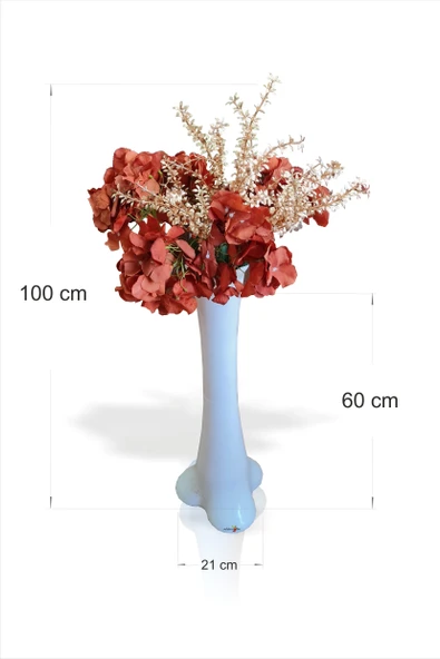Eşsiz Hediyelik Uzun 60 cm Beyaz Vazolu Altın Yapraklı Turuncu Çiçekli Karışık Aranjman Buket Demet - 2