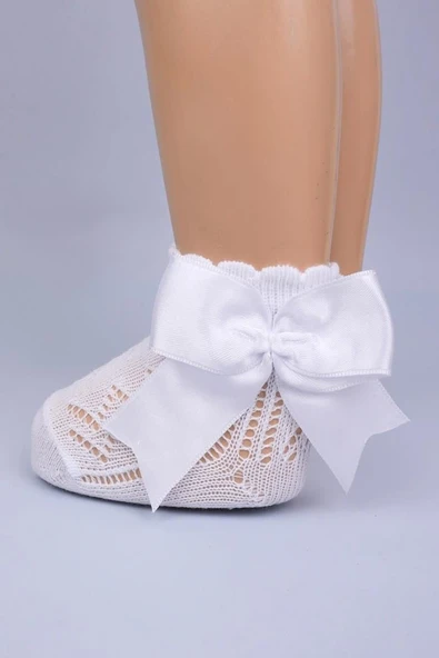 3'lü Kız Bebek Kurdele Fiyonk Detaylı Bej Gül Kurusu Beyaz Soket Çorap - Resim 3
