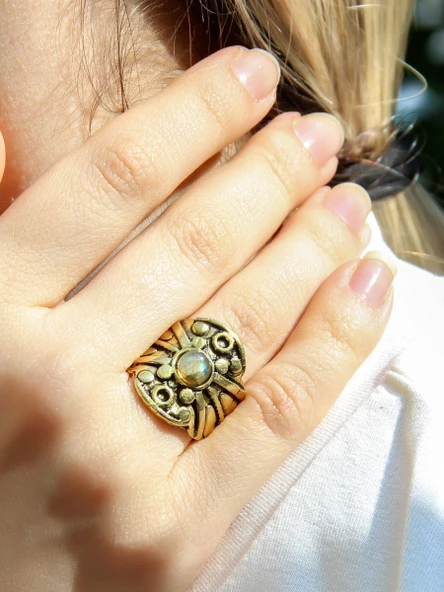 Doğal Taş Labradorit Minimal Doğal Taşlı Kadın Antik Ayarlanabilir Yüzük euy57lbt - Resim 2