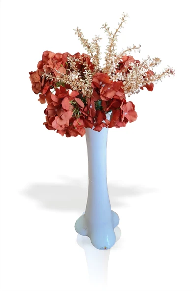 Eşsiz Hediyelik Uzun 60 cm Beyaz Vazolu Altın Yapraklı Turuncu Çiçekli Karışık Aranjman Buket Demet - 3