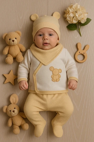 Waffle Tavşanlı 5 Parça %100 Pamuk Erkek Bebek Hastane Çıkışı