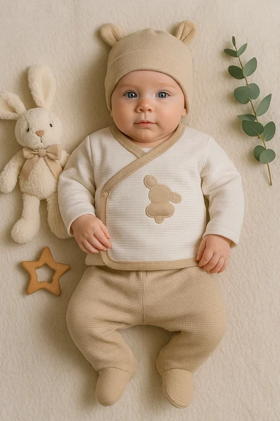 Waffle Tavşanlı 5 Parça %100 Pamuk Erkek Bebek Hastane Çıkışı ürün görseli