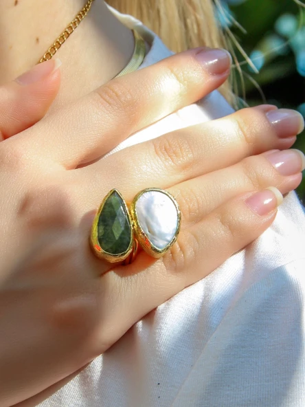 Doğal Taş Zebercet (Peridot) Sedef Gold Kaplama Kadın Ayarlanabilir Doğal Taş Yüzük eouy4zs - Resim 2