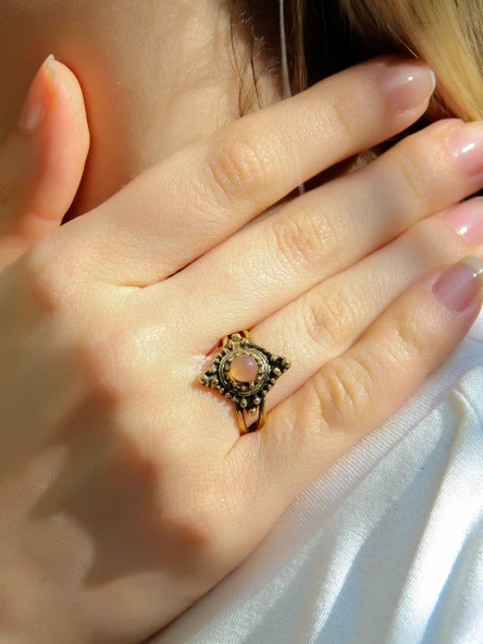 Doğal Taş Pembe Kuvars Minimal Doğal Taşlı Kadın Antik Ayarlanabilir Yüzük euy58pk ürün görseli