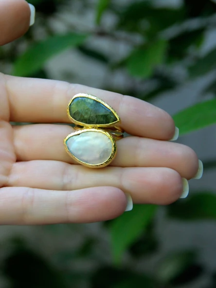 Doğal Taş Zebercet (Peridot) Sedef Gold Kaplama Kadın Ayarlanabilir Doğal Taş Yüzük eouy4zs - Resim 3