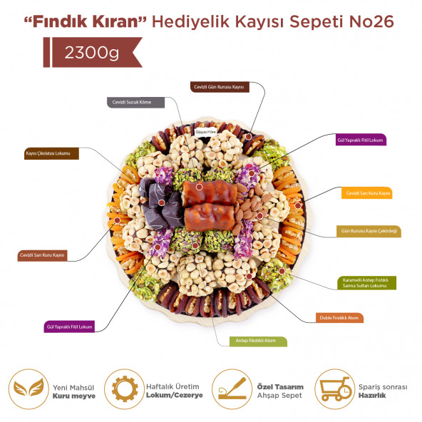 ''Fındık Kıran'' Hediyelik Kayısı Kuru Meyve Lokum Çikolata Tepsisi Sepeti Kutusu 2,3 kg - 2