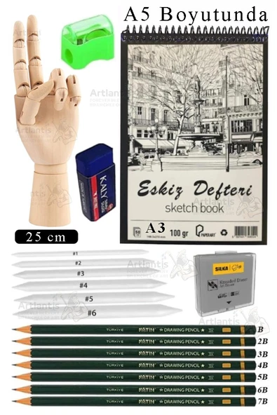 Ahşap El Modeli 25 Cm ve A5 Eskiz Defteri Modelleme Seti 1 Paket Dereceli Kalem Karakalem Dağıtma Hamur Silgi Kalemtraş