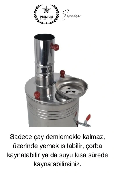 Premium Çift Musluklu 10 lt Kömürlü Kamp Piknik İçin Çok Amaçlı Odunlu Çay Semaveri Paslanmaz Çelik - 3