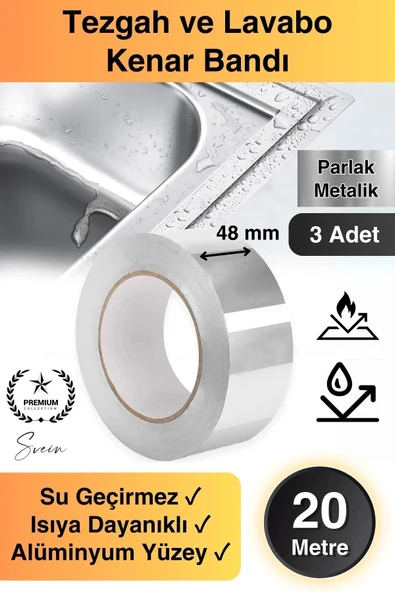 20 Mt Parlak Metalik Gri Tezgah Lavabo Kenar Bandı Sızdırmaz Isıya Dayanıklı Bant Su İzolasyon 3 Ad.