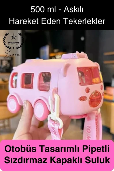 Özel Üretim Otobüs Şeklinde Pipetli Taşıma Askılı Sızdırmaz Kapaklı Çocuk Suluk Matara Okul Beslenme