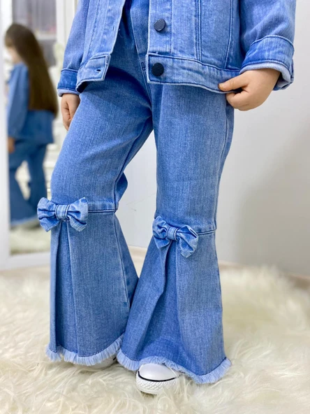 MODAVALS FİYONK DETAYLI İSPANYOL PAÇA KOT PANTOLON & KOT CEKET & BADİ KIZ ÇOCUK KOMBİN - 10