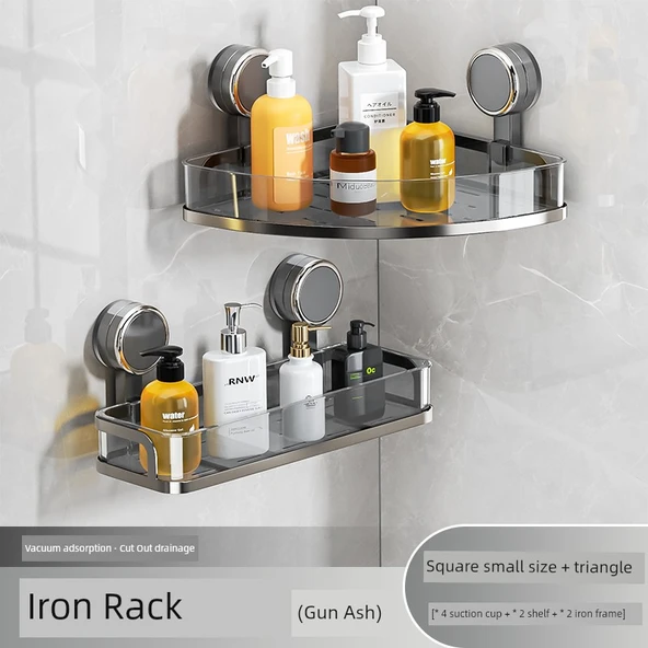 Vantuzlu Banyo Rafı - Metalik Gri Üçgen + Metalik Gri Küçük Boyut