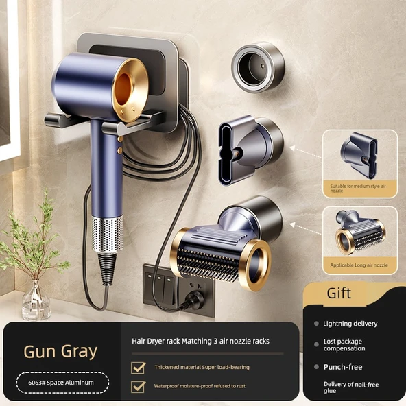 Dyson Uyumlu Deliksiz Saç Kurutma Makinesi Rafı - Metalik Gri, 3 Nozul Tutuculu