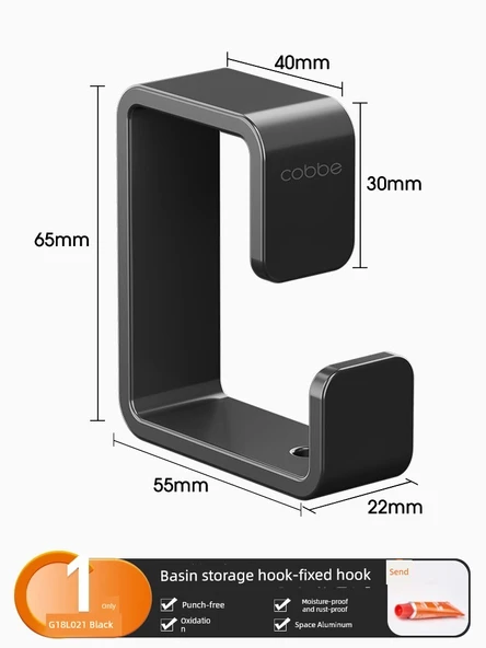 Deliksiz Mop Süpürge Tutucu - Siyah Lavabo Rafı - 1'li Paket