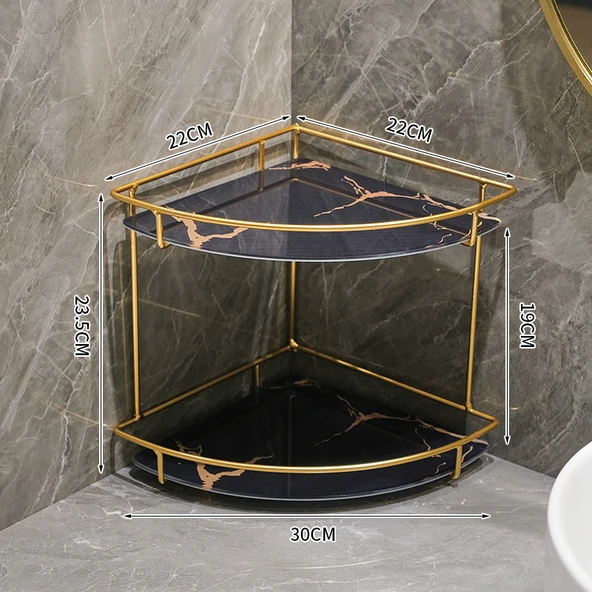 Deliksiz Banyo Köşe Rafı - Fan Şekilli Çift Katmanlı Siyah Altın Desenli Güçlendirilmiş Model