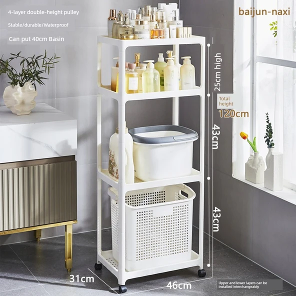 Plastik Banyo Rafı - Beyaz - 4 Katlı - K Çift Yükseklik - Tekerlekli