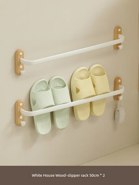 Kayın Banyo Terlik Rafı - Yabai Askı Çubuklu - 50cm (İki Çubuklu)
