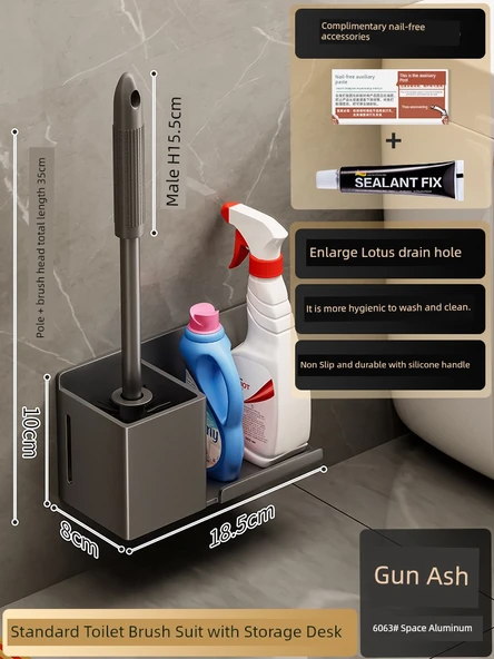 Duvara Monte Deliksiz Raflı Klozet Fırçası Seti - Metalik Gri Standart (Model 2)
