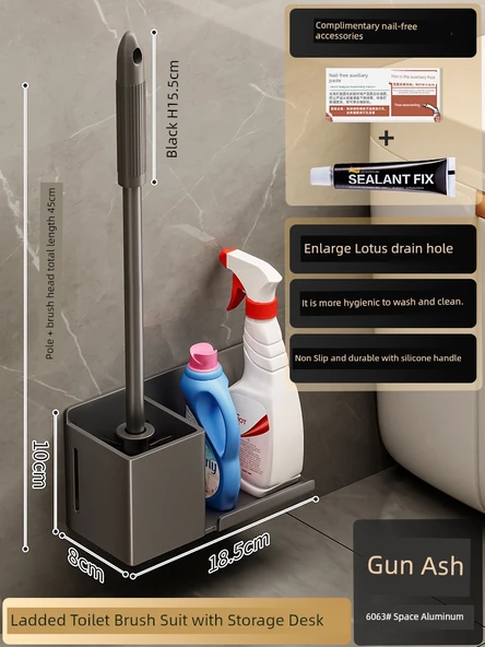 Duvara Monte Deliksiz Raflı Klozet Fırçası Seti - Metalik Gri Uzatılmış (Model 2)