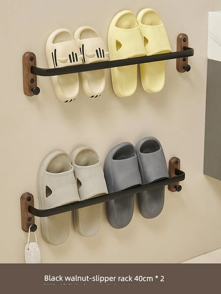 Ceviz Banyo Terlik Rafı - Siyah Ceviz Siyah Askı Çubuklu - 40cm (İki Çubuklu)