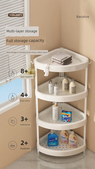 Banyo Köşe Rafı - Fildişi Beyazı - 2 Katlı - 5 Kancalı - Resim 8