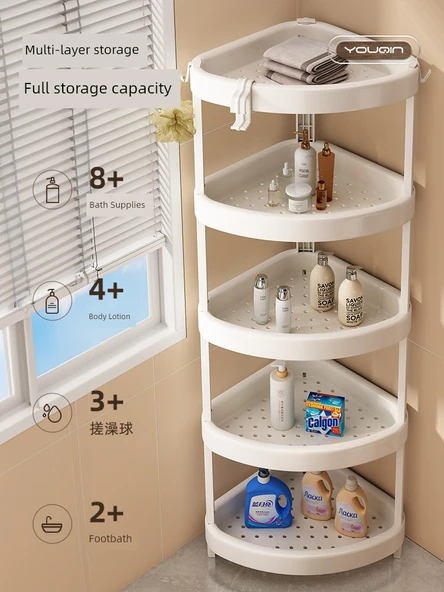 Banyo Köşe Rafı - Fildişi Beyazı - 2 Katlı - 5 Kancalı - Resim 2