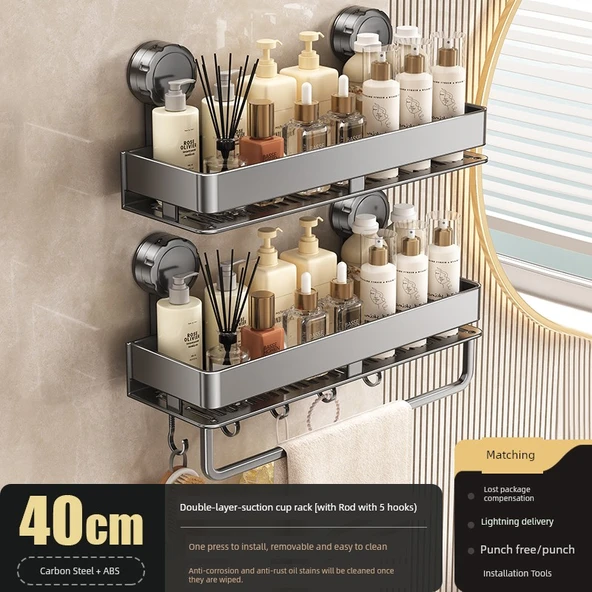 Vantuzlu Banyo Rafı - Duvara Monte Alüminyum - Füme Gri 40cm - Çift Katlı - Kancalı