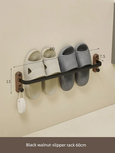 Ceviz Banyo Terlik Rafı - Siyah Ceviz Siyah Askı Çubuklu - 60cm