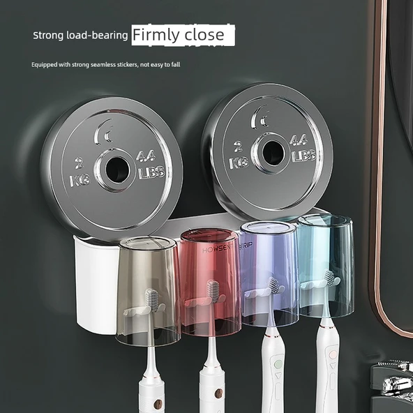 Duvara Monte Diş Fırçası Tutucu Seti - 4 Bardaklı - Otomatik Diş Macunu Sıkıcılı - Resim 5