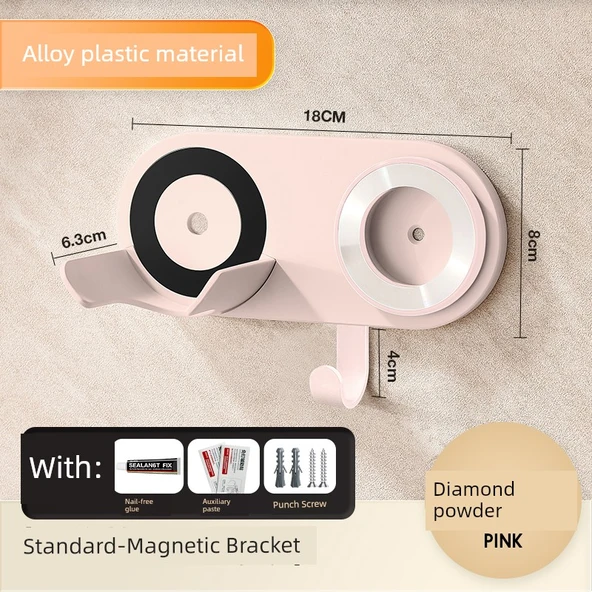 Manyetik Vakumlu Duvar Tipi Saç Kurutma Makinesi Tutucu - [LF03/SE1/SE2 Nesil Özel] Pembe Alaşımlı Plastik