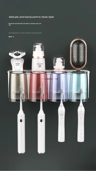 Duvara Monte Diş Fırçası Tutucu Seti - 4 Bardaklı - Otomatik Diş Macunu Sıkıcılı - Resim 9