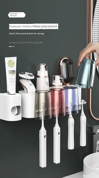 Duvara Monte Diş Fırçası Tutucu Seti - 4 Bardaklı - Otomatik Diş Macunu Sıkıcılı - Resim 7