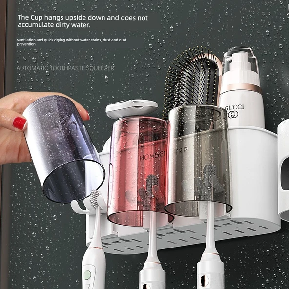 Duvara Monte Diş Fırçası Tutucu Seti - 4 Bardaklı - Otomatik Diş Macunu Sıkıcılı - Resim 3