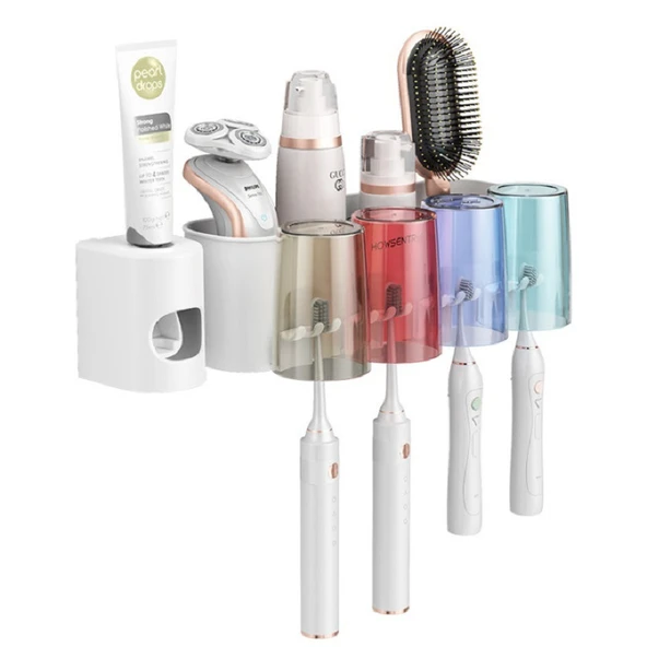 Duvara Monte Diş Fırçası Tutucu Seti - 4 Bardaklı - Otomatik Diş Macunu Sıkıcılı - Resim 6