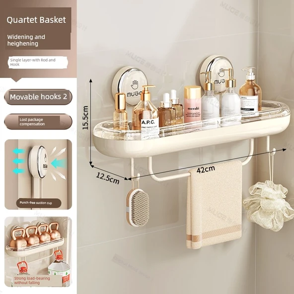 Vantuzlu Banyo Rafı - Tek Katlı, Çubuklu ve Çift Kancalı Kare Sepet