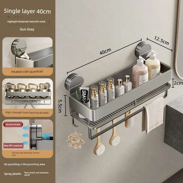 Vantuzlu Banyo Rafı - 40cm Güçlü Vantuzlu - Havluluklu ve Askılı