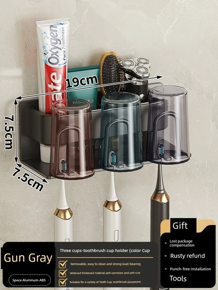 Duvara Monte Diş Fırçası Tutucu - Gri - 3 Kişilik - Renkli Bardaklı