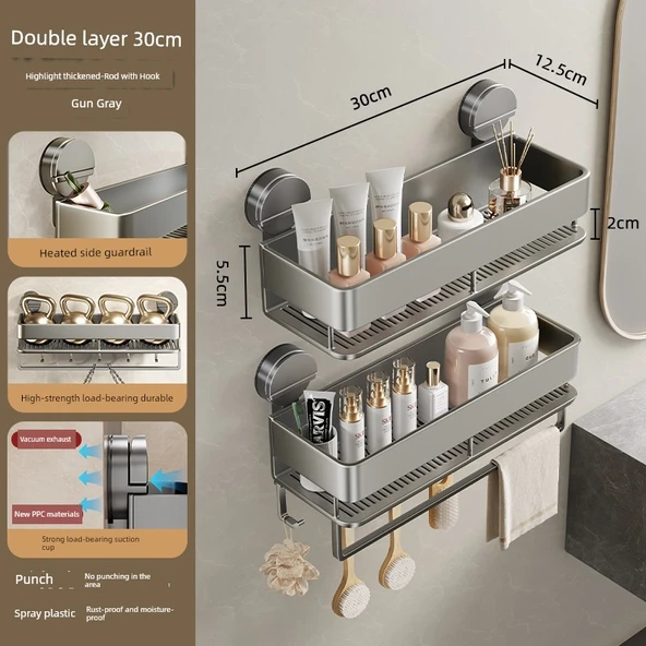 Vantuzlu Banyo Rafı - 30cm Güçlü Vantuzlu - Çift Katlı Kombinasyon