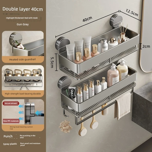 Vantuzlu Banyo Rafı - 40cm Güçlü Vantuzlu - Çift Katlı Kombinasyon