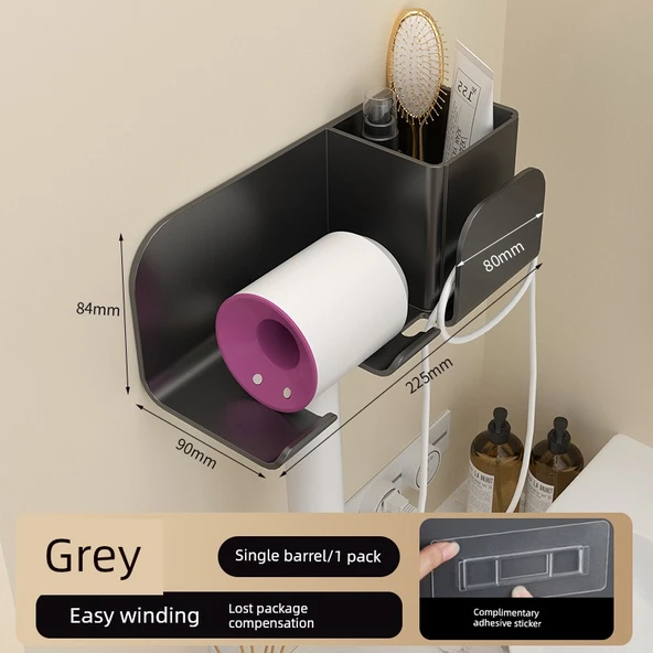 Duvara Monte Deliksiz Saç Kurutma Makinesi Tutucu - Gri (1'li Paket)