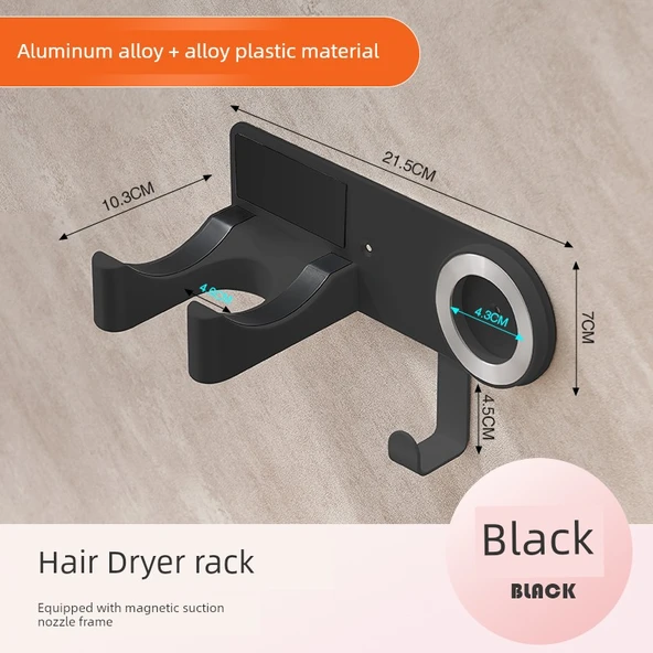 Deliksiz Saç Kurutma Makinesi Rafı - Manyetik Başlıklı, Siyah (Gelişmiş Model)