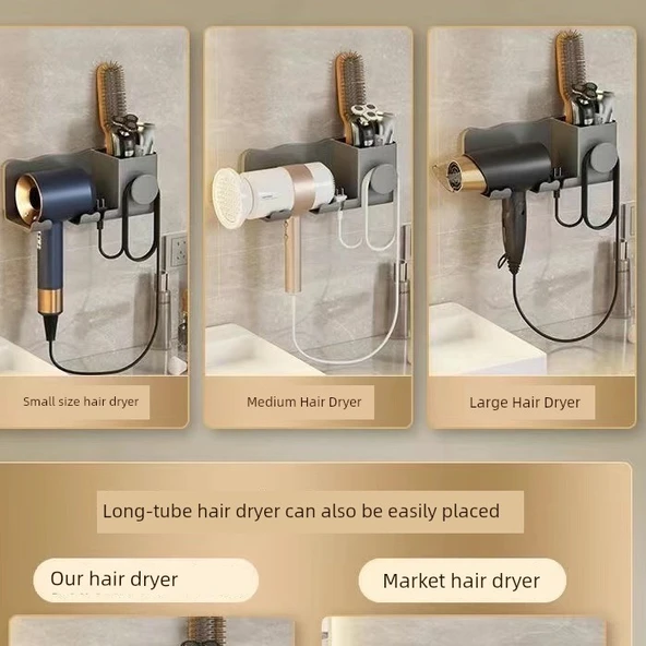Deliksiz Banyo Saç Kurutma Makinesi Rafı ve Saklama Kutusu - Füme Gri
