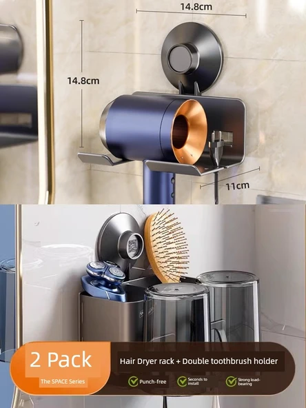 Vantuzlu Banyo Saç Kurutma Makinesi Tutucu - [Çiftli Set] Diş Fırçası Tutucu + Hava Çerçevesi