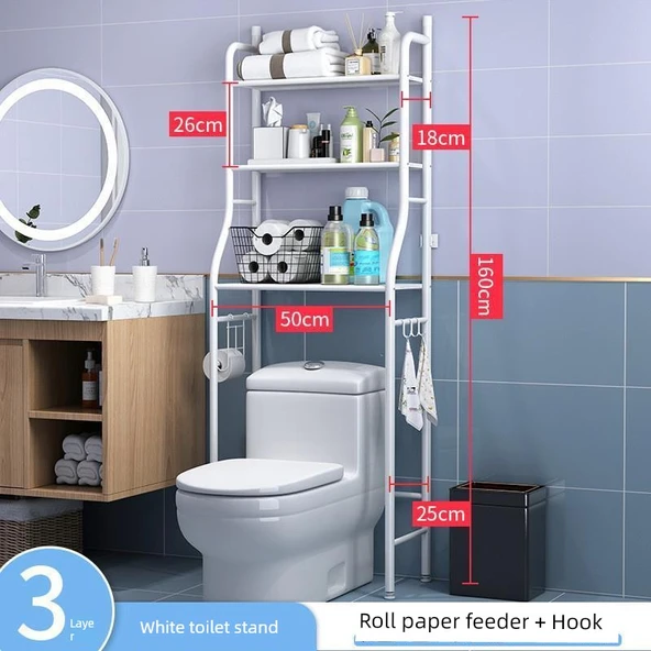 Minimalist Modern Metal Banyo Rafı - Tuvalet Üstü Beyaz Üç Katlı