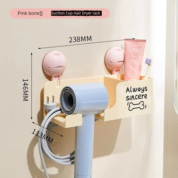 Vantuzlu Saç Kurutma Makinesi Saklama Rafı - Deliksiz Banyo Duvar Askısı - Süt Beyazı Pudra