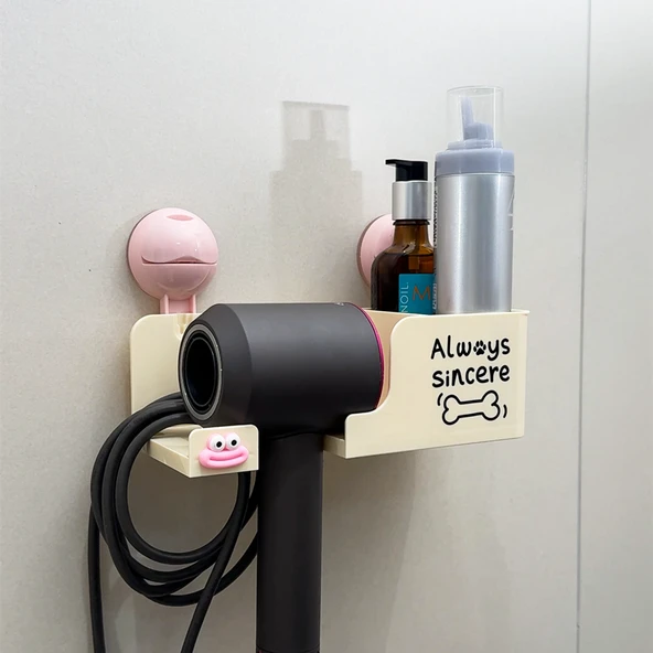 Vantuzlu Saç Kurutma Makinesi Saklama Rafı - Deliksiz Banyo Duvar Askısı - Süt Beyazı Pudra + Pembe Sosis Ağızlı Etiket
