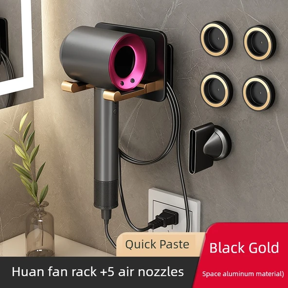 Manyetik Dyson Saç Kurutma Makinesi Duvar Montaj Tutucu - Obsidyen Altın, 5 Nozul Tutuculu