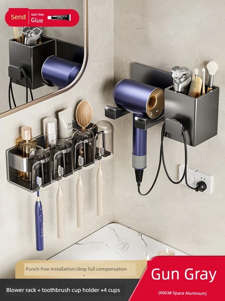 Deliksiz Banyo Saç Kurutma Makinesi Rafı - (4 Bardaklıklı Diş Fırçası Tutucu)
